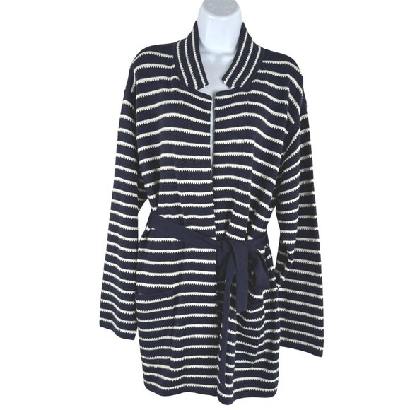 Talbots‎ Belted Cardigan Sweater 2X Blue White Striped Cotton Blend NWT CJ-2104 - Picture 1 of 8